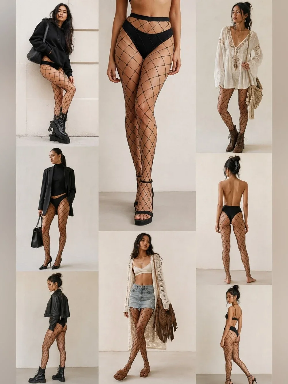 NEW High-Waisted Oversized Open Diamond Black Fishnet Tights Stockings